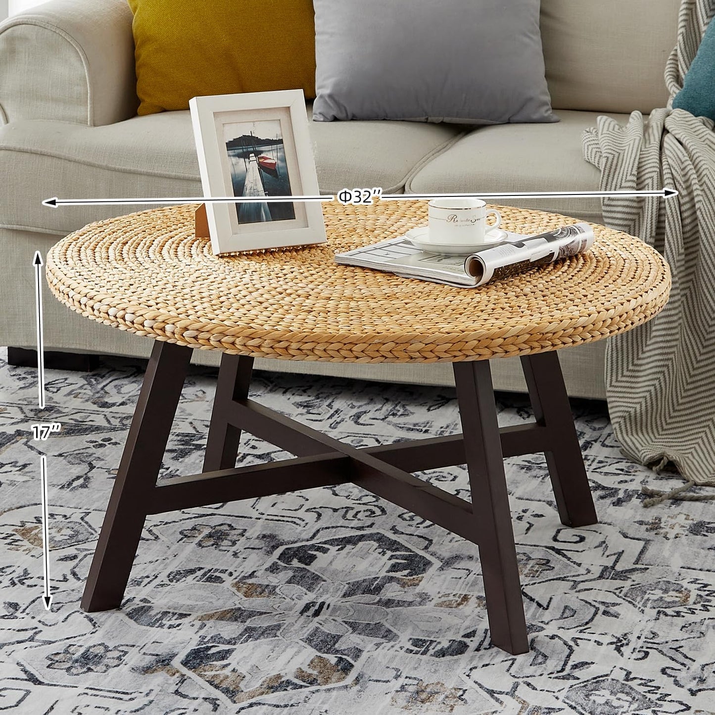 RANDEFURN Coffee Table Round, Seagrass Coffee Tables,Pine Wood X Base Frame Cocktail Table, Easy Assembled, Multiple Sizes for Living Room, Solid Wood Table,32 x 17 Inches,Natural
