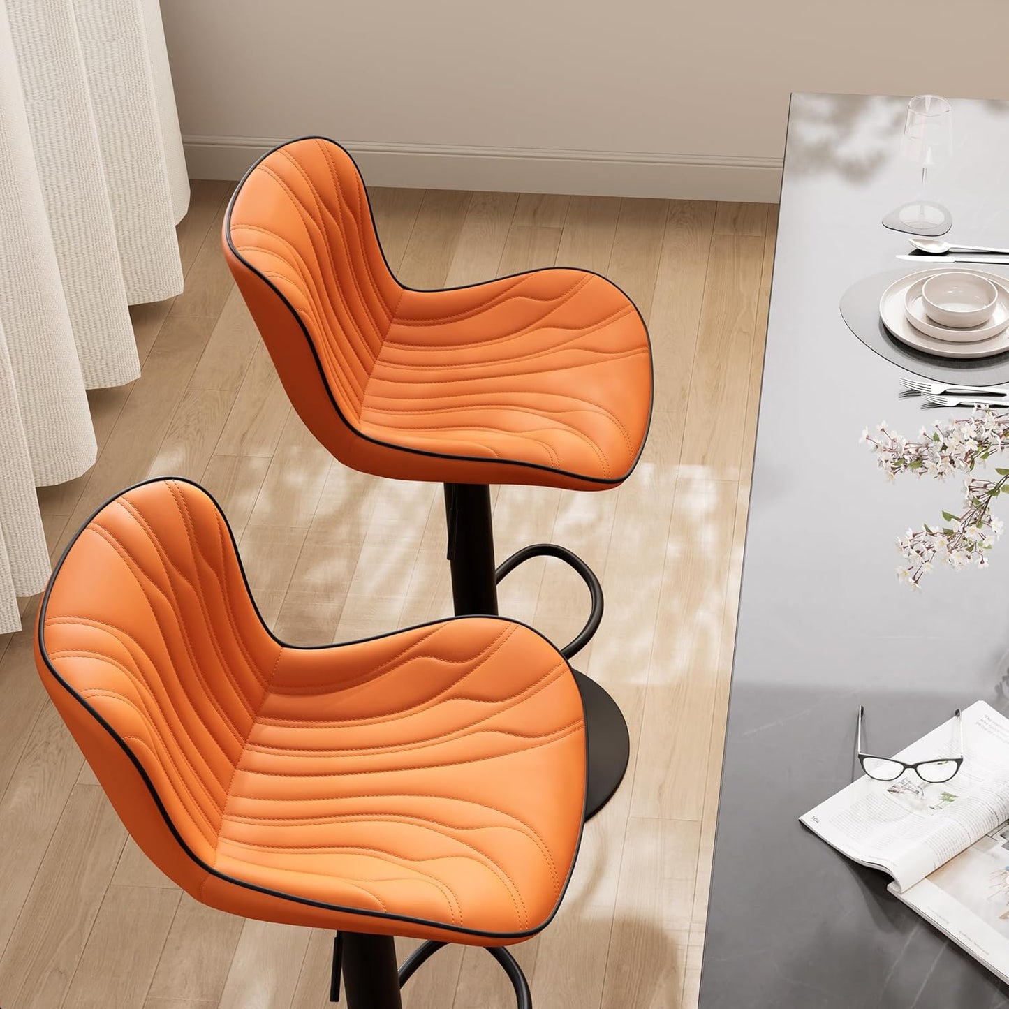 YOUNIKE Single Orange Bar Stools Modern Swivel Counter Height Bar Chair with Back Adjustable Kitchen Island Faux Leather Padded Barstools taburetes de bar Breakfast sillas para barra de cocina 1PCS