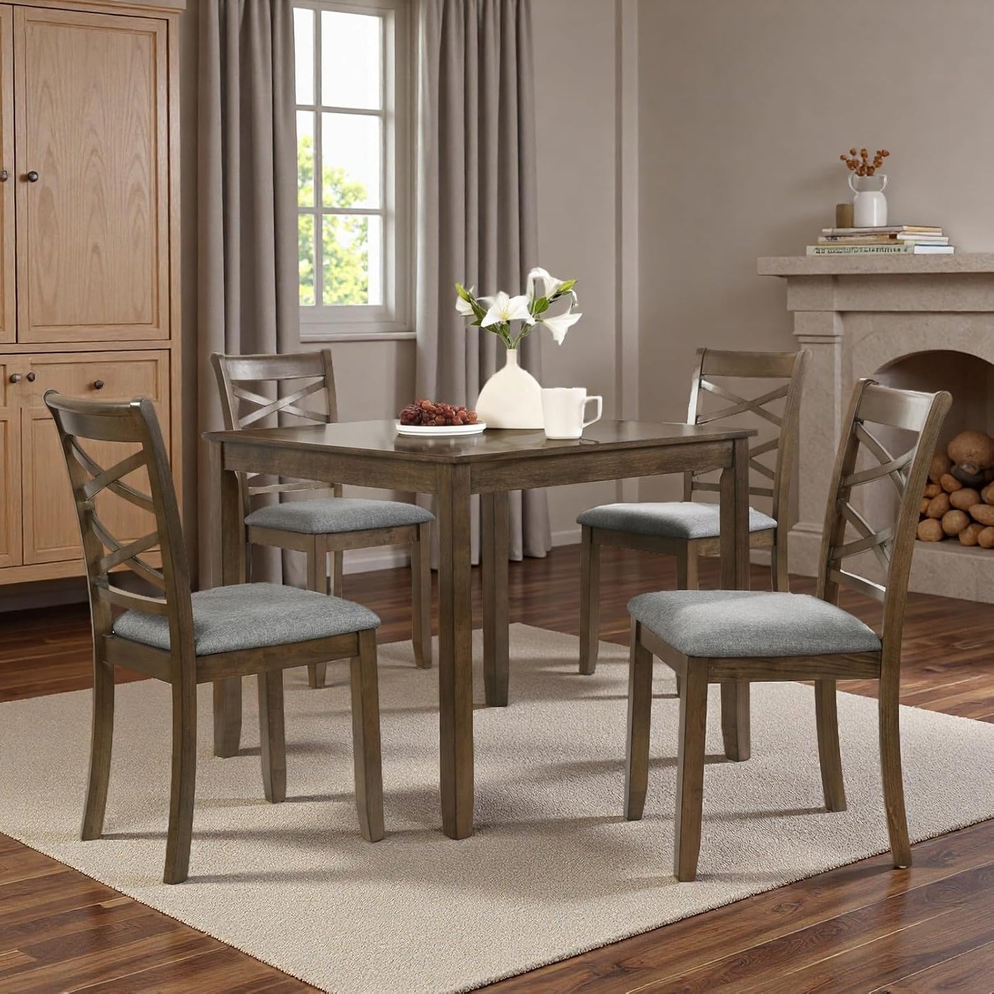 Dining Table Set, Wooden Kitchen Table Set with Square Table, 4 Flat X Backrest Upholstered Chairs, Table and Chairs with Non-Slip Feetmats for 4 People, Living Room and Kitchen, Walnut