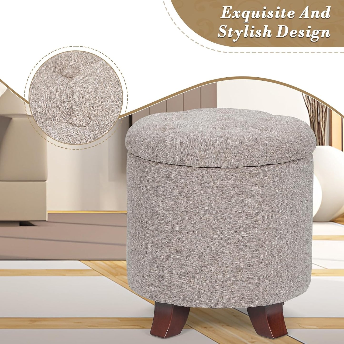 Athena Collection 15 Inch Small Ottoman with Storage, Round Linen Fabric Storage Ottoman Foot Rest with Removable Lid, Multipurpose Footstool Footrest for Living Room, Bedroom, Dorm, Khaki