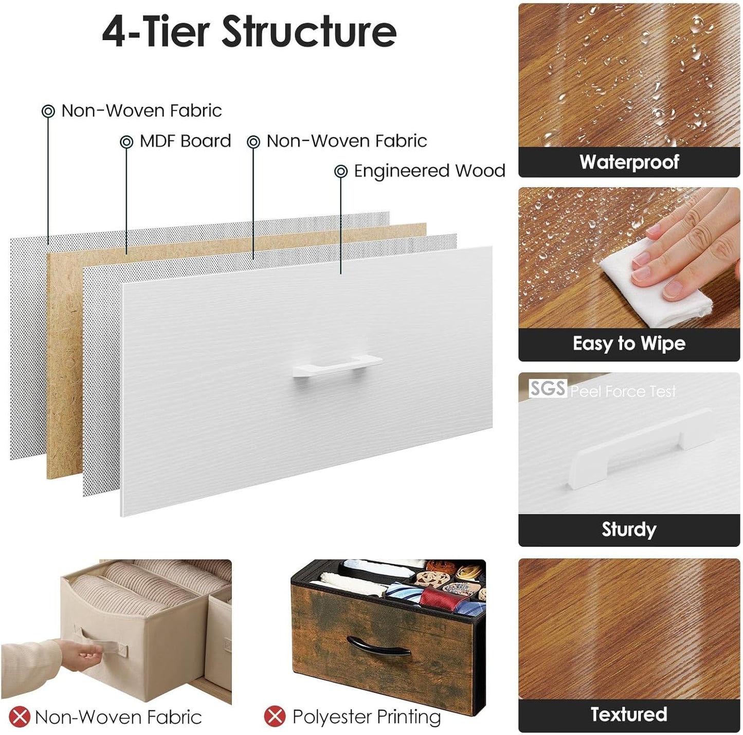 Nightstand,Farmhouse Night stand with 3 Storage Drawer,Small Dresser for Bedroom,Chest of Drawers Fabric Dressers with Steel Frame,Wooden Top Front Bedside Table for Small Space,White+walnut