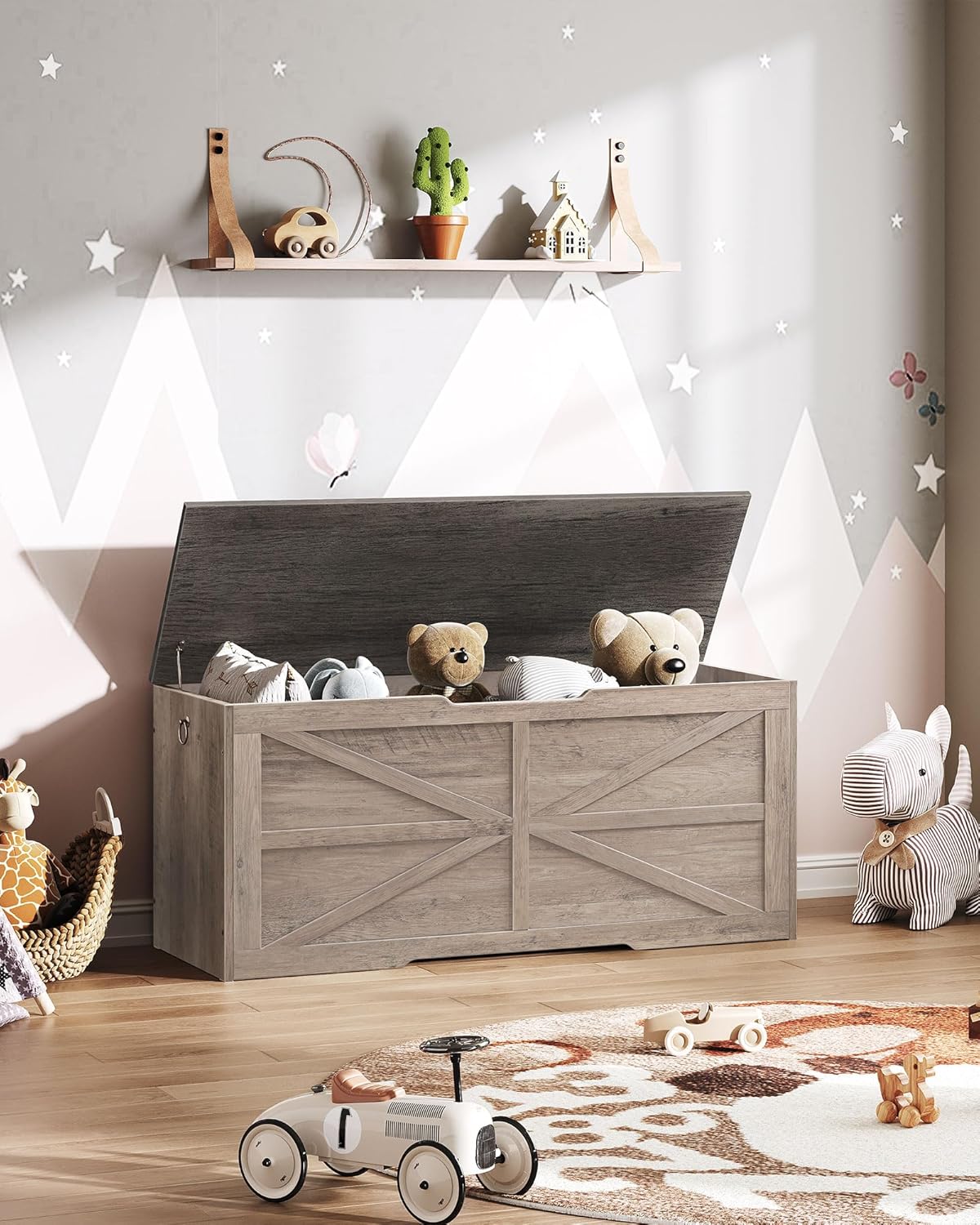 Storage Chest, 43.3" Wooden Storage Trunk, Retro Storage Bench with Safety Hinge, Toy Box, Farmhouse Style, for Bedroom, Living Room, Charcoal Gray and Greige MCW11HC