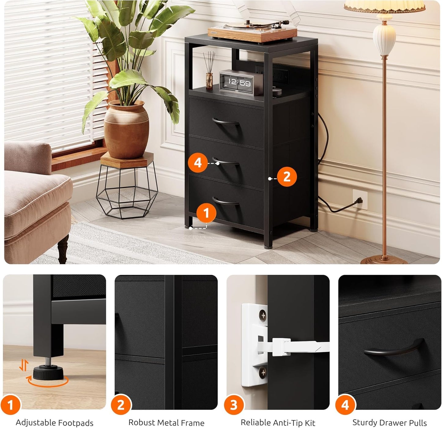 NightStand Bedside Charging Table Bedroom - Night Stand with Charger Station, Black Modern Bed Side End Table with Open Shelf & 3 Fabric Drawers, USB-C USB Ports & AC Outlets for Dorm, Living Room