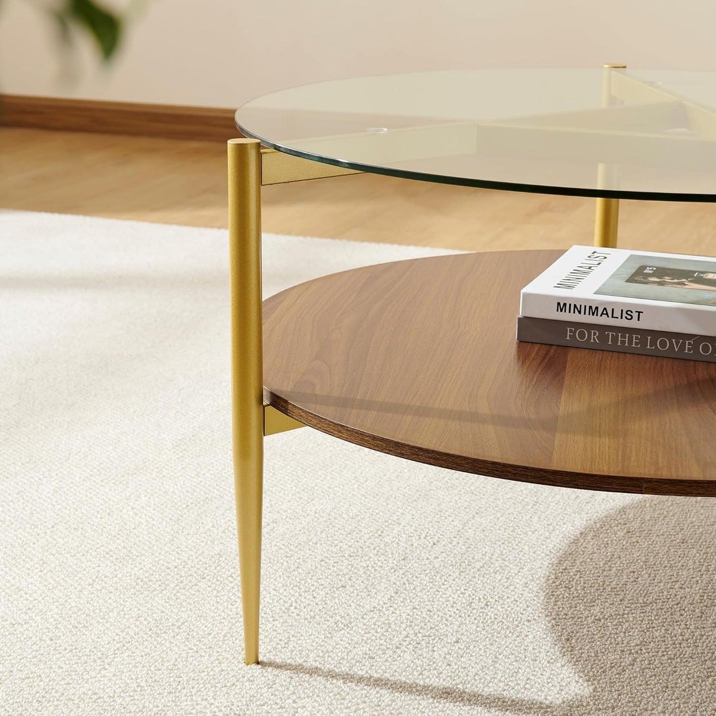 Round Coffee Table, Mid-Century Modern Design, D30*H17 inch, for Living Room, 2-Tier Structure, Clear Glass Top and Walnut MDF Shelf, Sleek Conical Metal Legs with Gold Finish