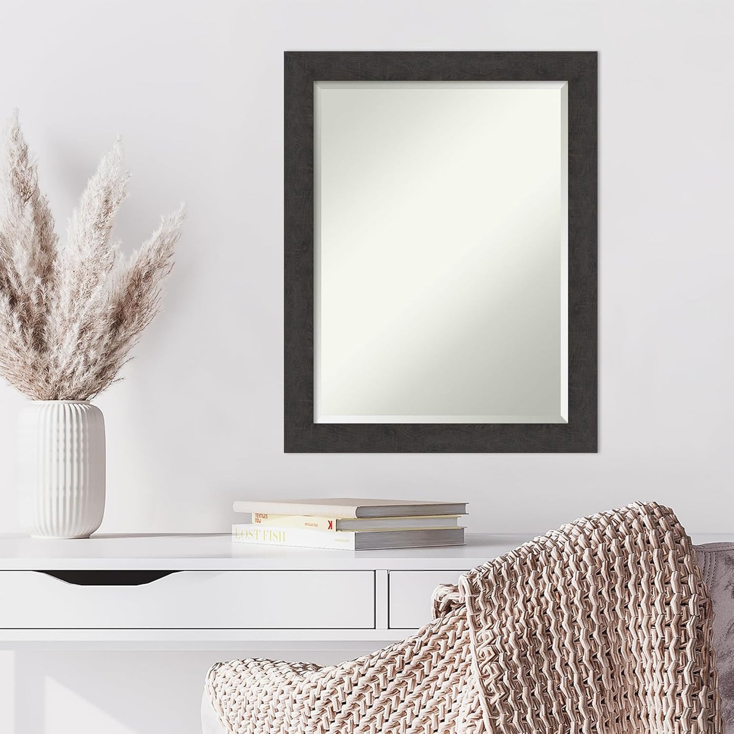 Amanti Art Brown Wall Mirror 28x22 Rustic Plank Espresso Narrow Rectangle Bathroom Mirror for Wall Decor Living Room, Medium Rustic Farmhouse Frame, Hangs Horizonally and Vertically, Bathroom Decor