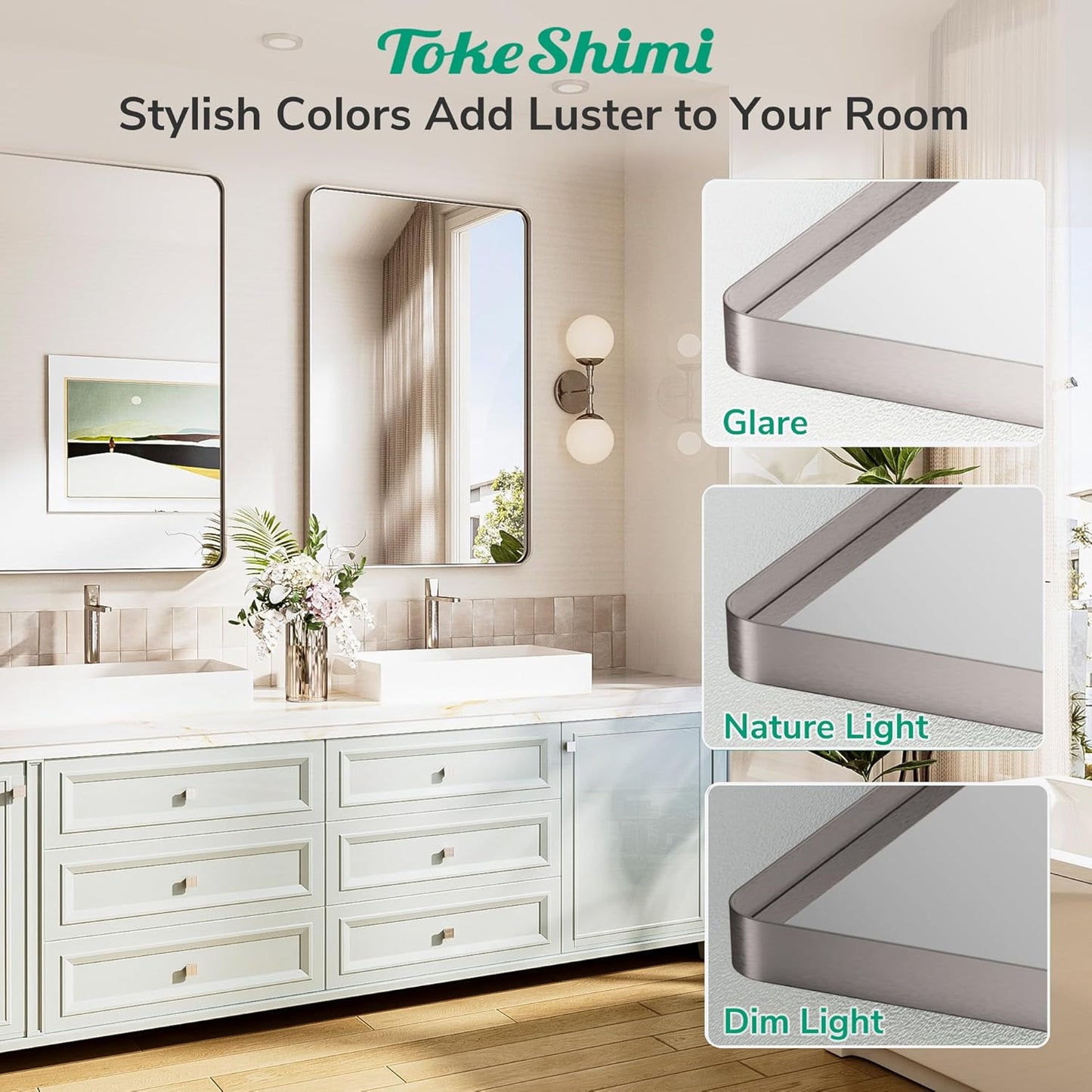 TokeShimi 24x36 Brushed Nickel Bathroom Mirror,Wall Mirror for Bathroom with Tempered Glass,Nickel Bathroom Vanity Mirror for Over Sink,Aluminum Framed Mirror(Horizontal/Vertical)