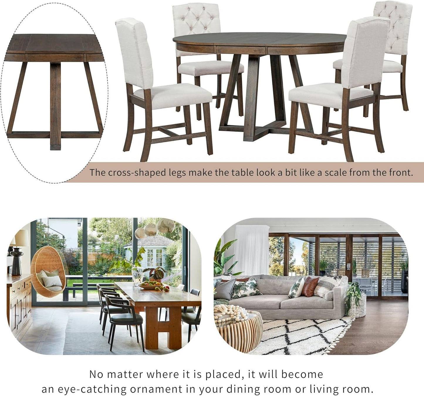 Ball & Cast 5 Piece Dining Table Set with 4 Upholstered Chairs,Living Room Furniture W/ 42" Table,Tabletop Can be Adjusted from Round to Oval in Shape,for Restaurant,Home Bistro,Walnut