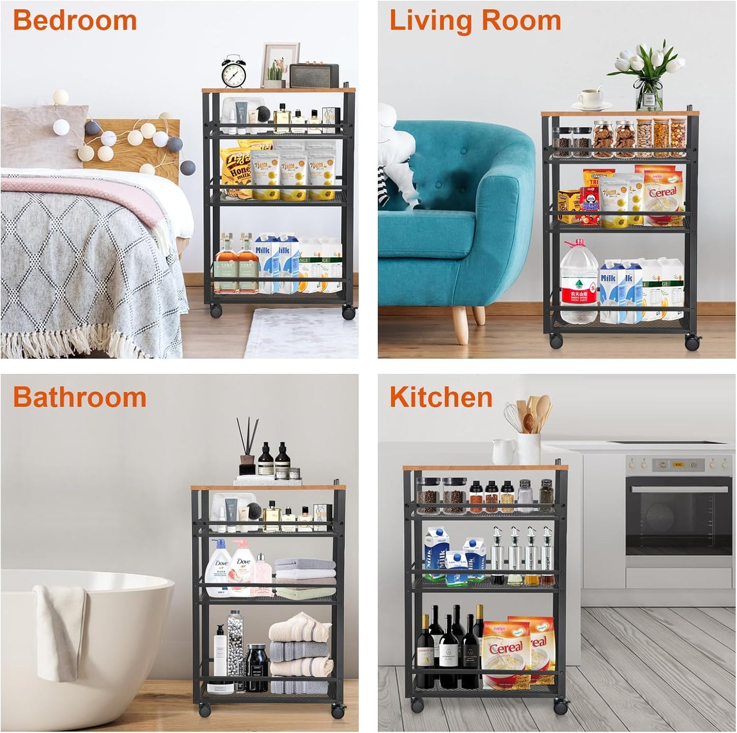 2025 New, Slim Kitchen Storage Cart, 3-Tier Metal Rolling Utility Cart Mesh Basket, Multifunction Wire Basket Shelf Trolley for Home Laundry, Bathroom, Living Room, Black