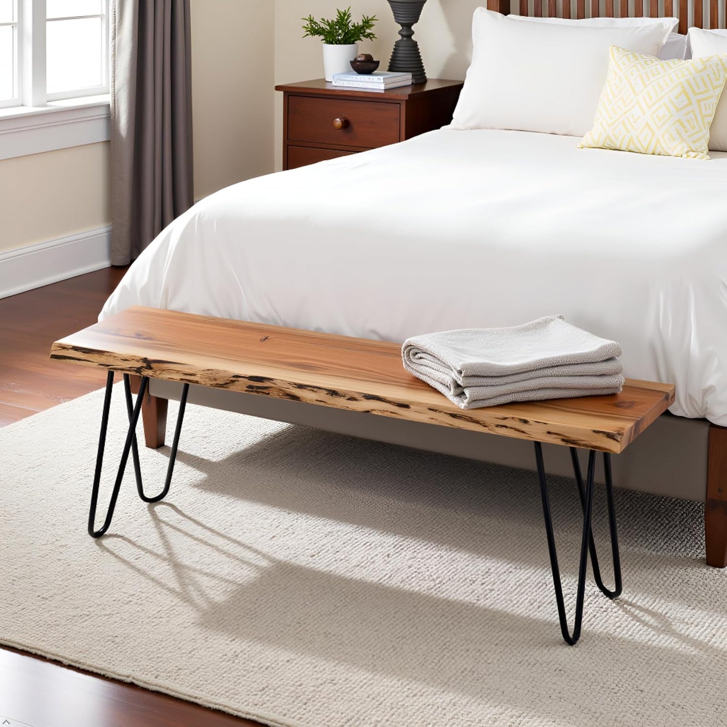 Alaterre Furniture 48” Live Edge Dining Bench – Rustic Industrial Farmhouse Solid Acacia Wood with Metal Hairpin Legs – Ideal for Dining Room, Kitchen, or Entryway