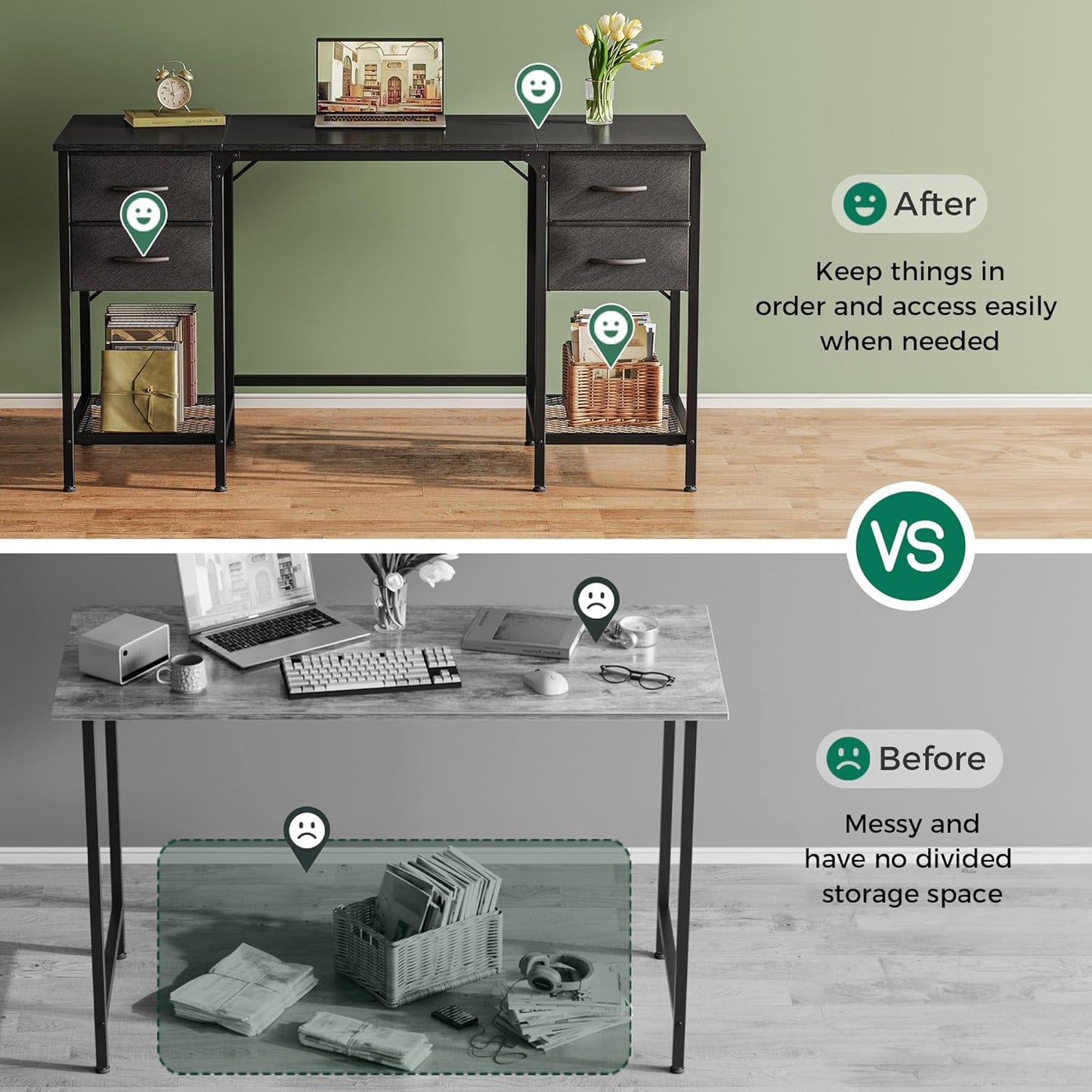 Huuger 55 Inch Computer Desk with 4 Drawers and Mesh Shelf, Gaming and Work Desk for Home Office, Study, Bedroom, Work from Home