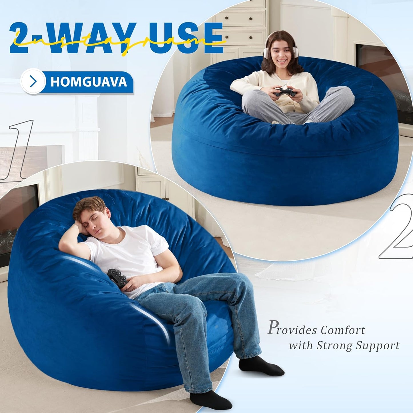 Homguava 5FT Bean Bag Chair Giant BeanBag with Memory Foam Filled, Comfy Bean Bag Chairs for Adults, Adult Bean Bag Chair with Dutch Velvet Cover for Living Room Bedroom-Blue