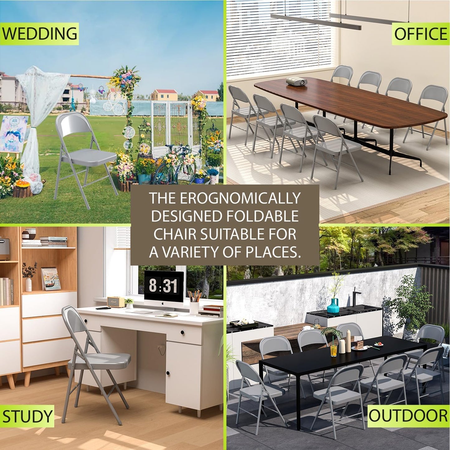 Metal Folding Chairs Steel Frame with Double Hinged for Office Kitchen Dinning Wedding Patio and Garden,No Assembly, Set of 4, Grey