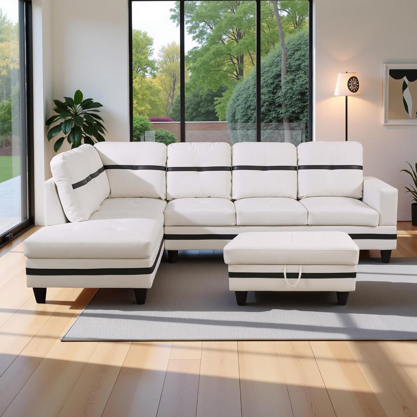 103.5" Oversized Sectional Couch, L Shaped Couch with Storage Ottoman, Modern Modular Sofa with Deep Seat, Sectional Couches for Living Room and Office, White and Black (PU Leather)