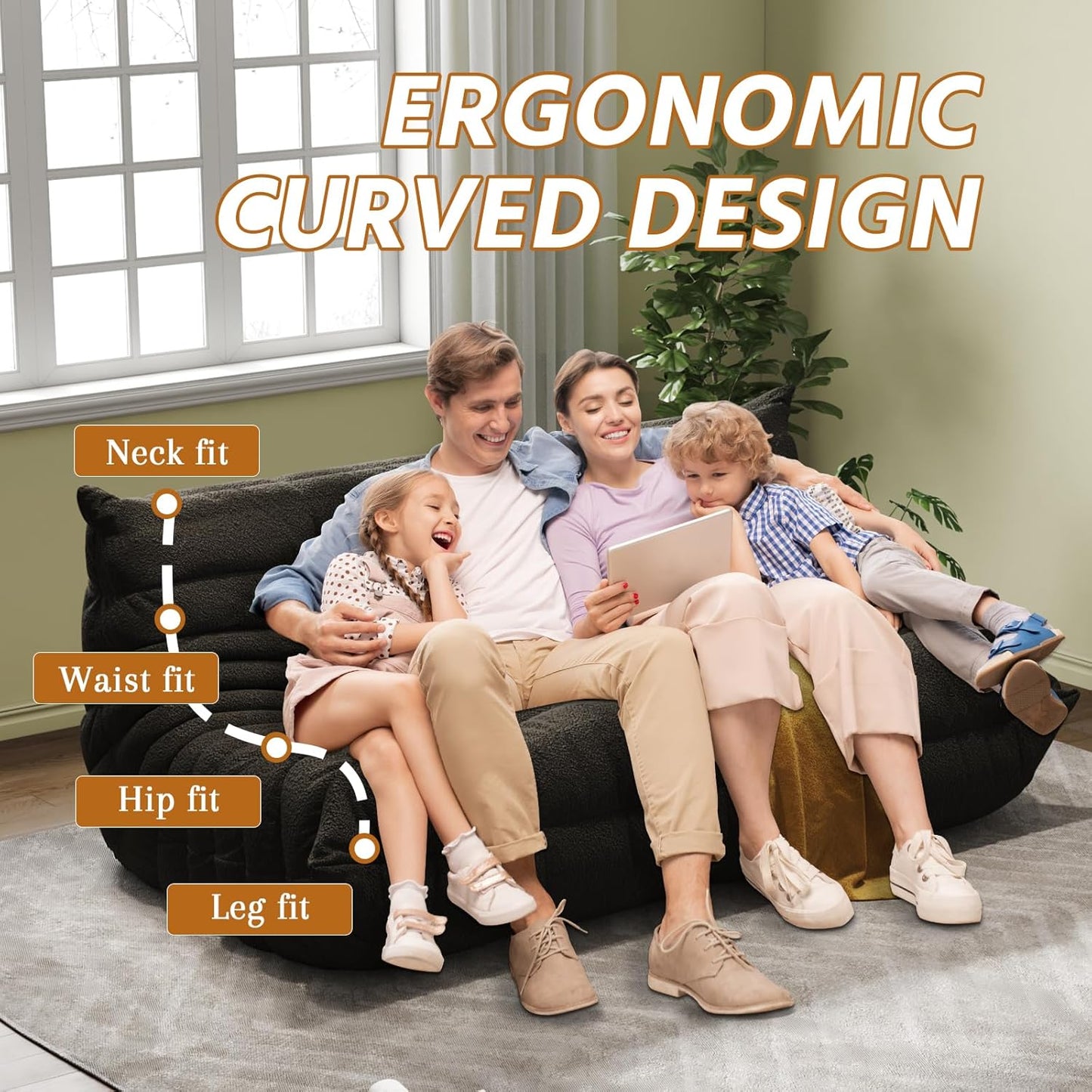 Bean Bag Chairs for Adults, BeanBag Reading Chair Memory Foam Couch 3-Seater, Floor Chair Soft Teddy Material, Comfy Reading Nook Chairs for Bedroom Living Room Office (Black)