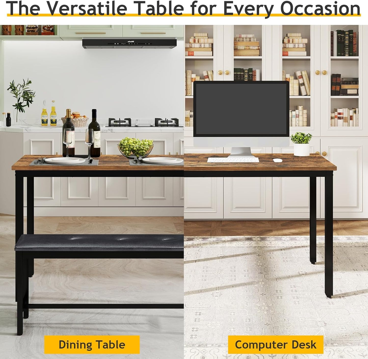 Rovibek Dining Room Table Bench Set for 4, Modern Space Saving Kitchen Table with with 2 Upholstered Benches & Adjustable Feet, Wooden Breakfast Table, 43", Brown