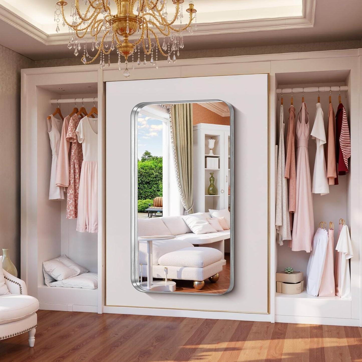 FORBATH 60x30 Inch Large Bathroom Mirror for Double Sinks, Brushed Silver Deep Frame Wall Mirror with Rounded Corners, Anti-Rust Tempered Glass for Modern Farmhouse Vanity (Horizontal/Vertical)