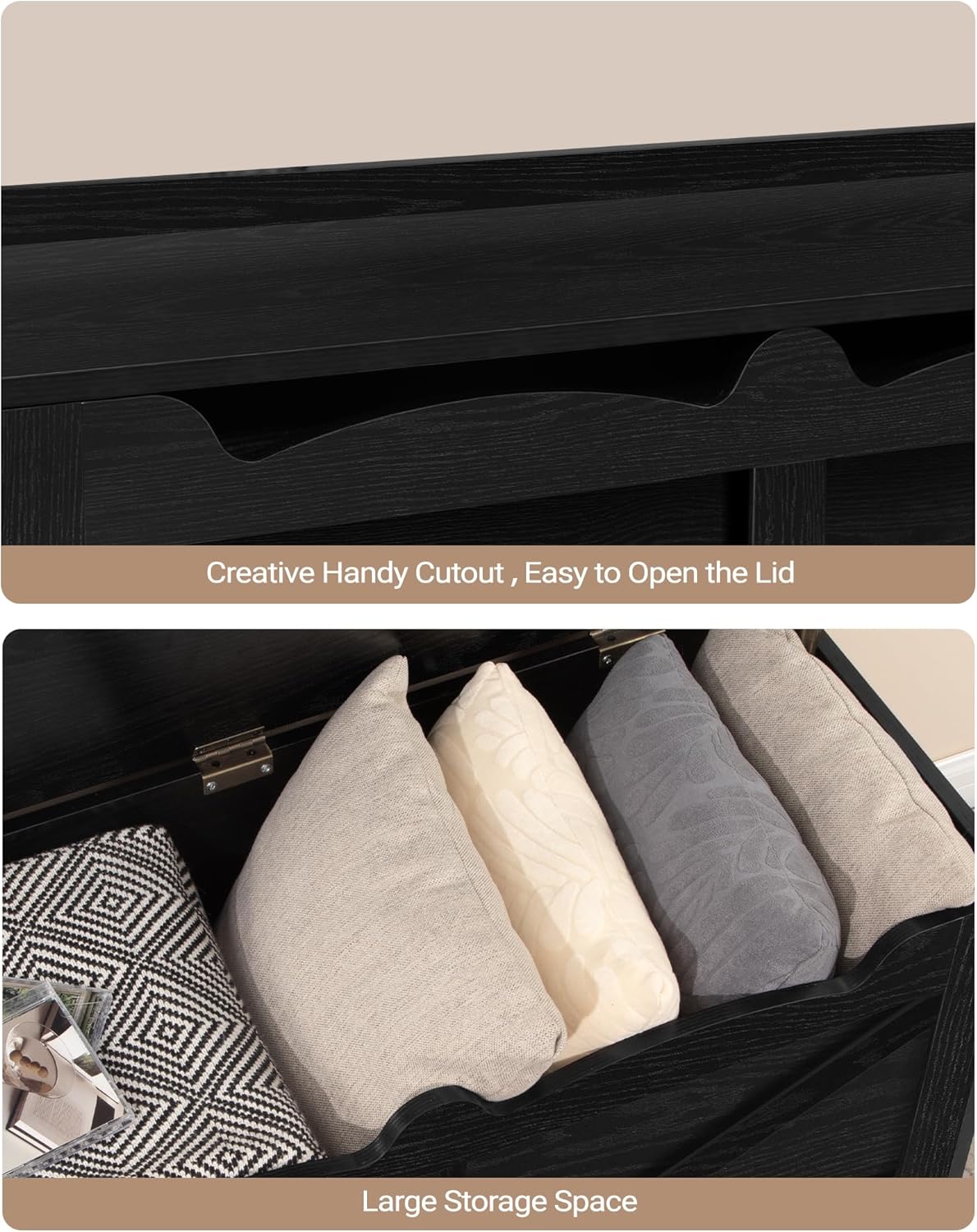 39.4" Storage Bench, Storage Chest, Lift-Top Storage Trunk with 2 Safety Hinges, Wooden Storage Box Chest Organizer for Bedroom, Entryway, Living Room, Black SB04504X