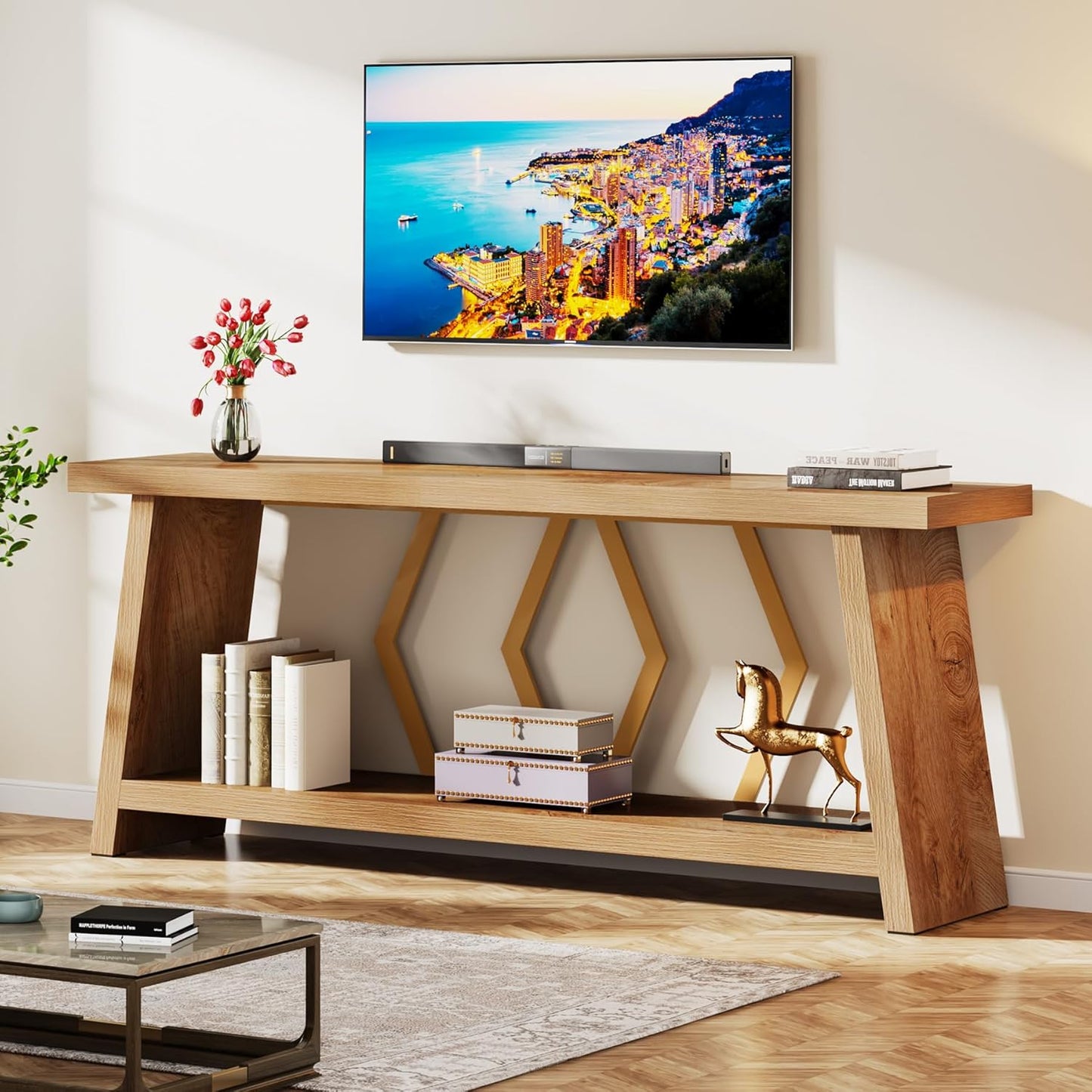 Tribesigns 70.86-Inch Long Sofa Table for Living Room, 2-Tier Narrow Console Table with Storage, Wood Foyer Entryway Couch Table for Hallway, Entrance (Light Oak Brown)