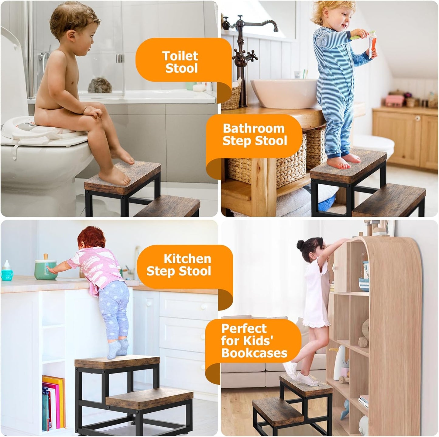 2 Step Wooden Step Stools for Adults Kids, Heavy Duty Stepping Stools Wooden Bed Step Stools for High Beds, Non-Slip 2 Bedside Foot Stool with 500 Lbs Capacity, Kitchen, Bed, RVS Step, Rustic Brown