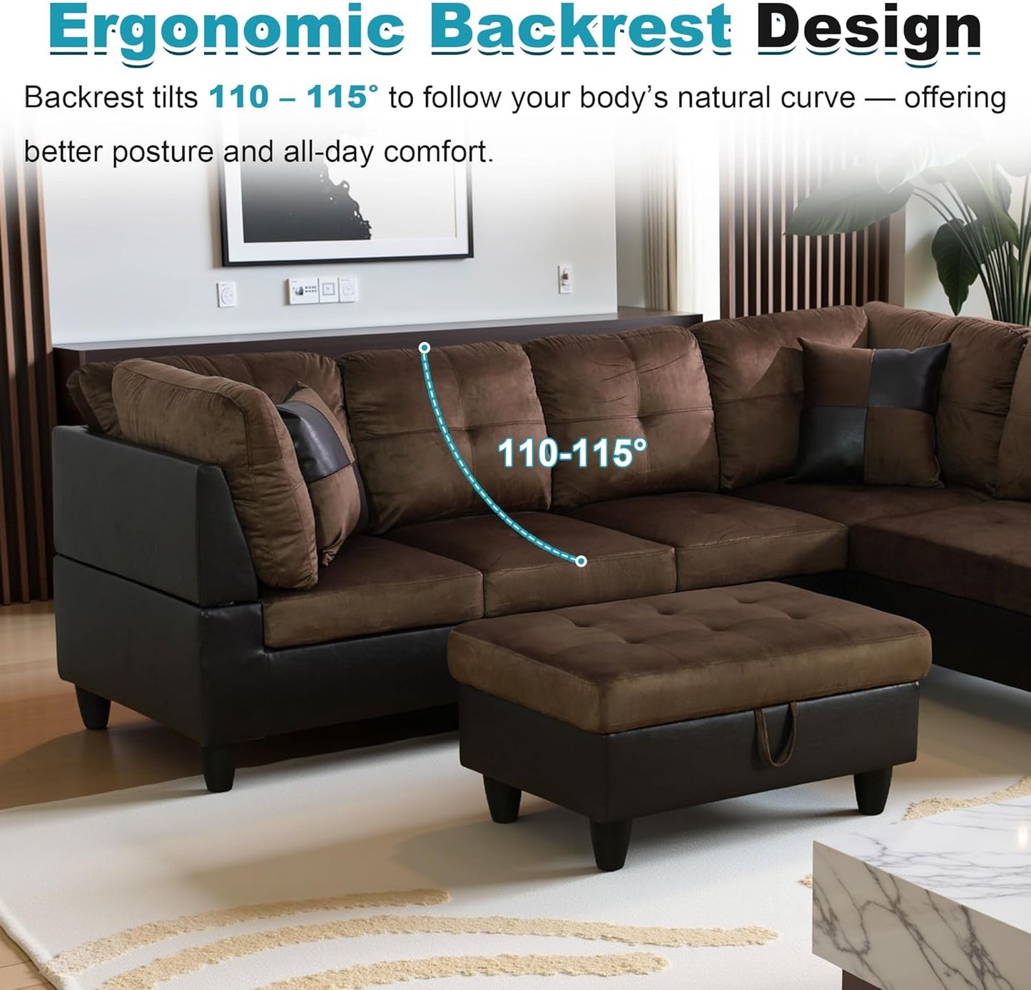 103.5" Oversized Sectional Couch, L Shaped Couch with Storage Ottoman, Modern Modular Sofa with Deep Seat, Sectional Couches for Living Room and Office, Brown (Lint and PVC)