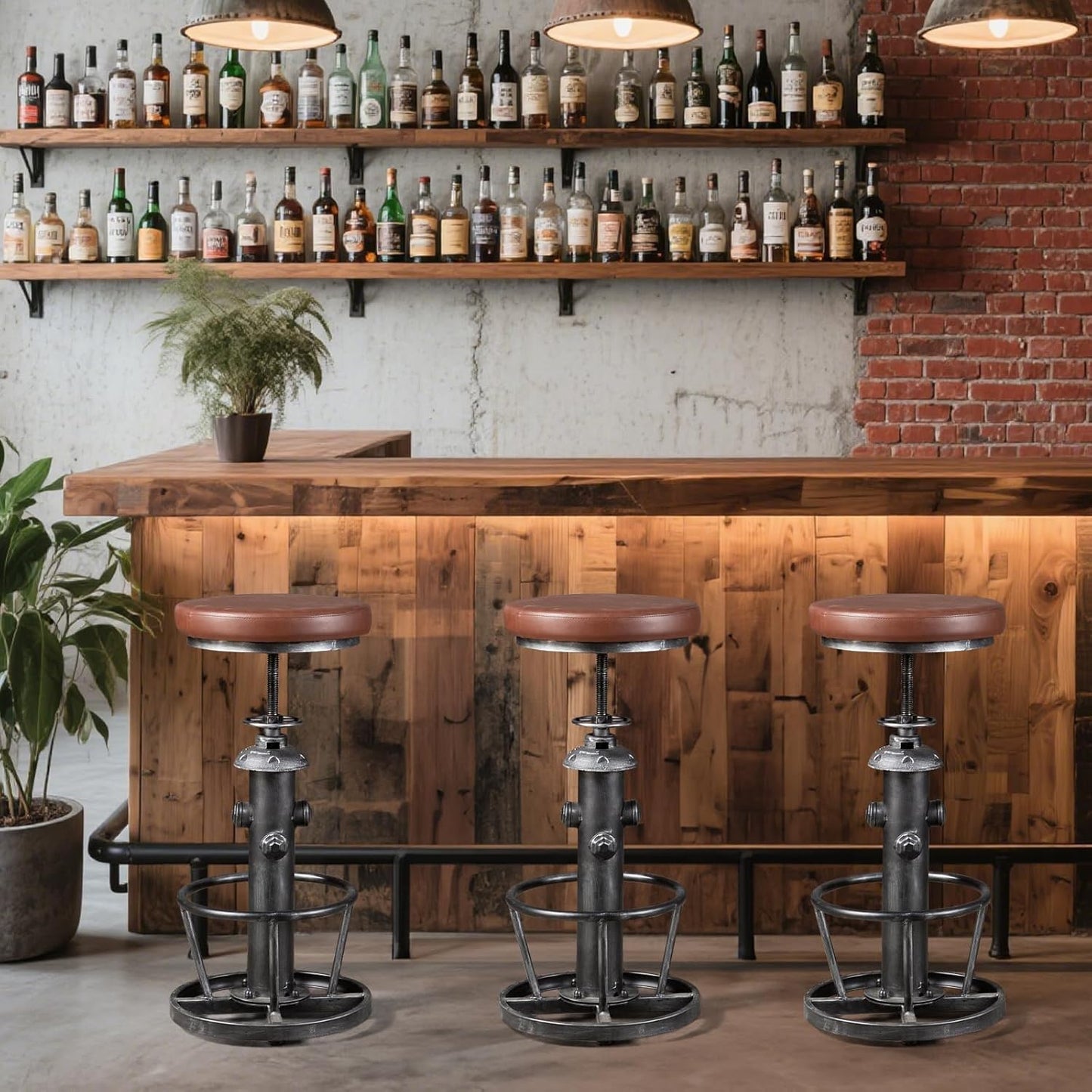 Topower Antique Industrial Round Bottom Adjustable Height Cafe Coffee Retro Vintage Stylish Water Pipe Design Pub Kitchen Bar Stool (Silver, PU Leather Top)