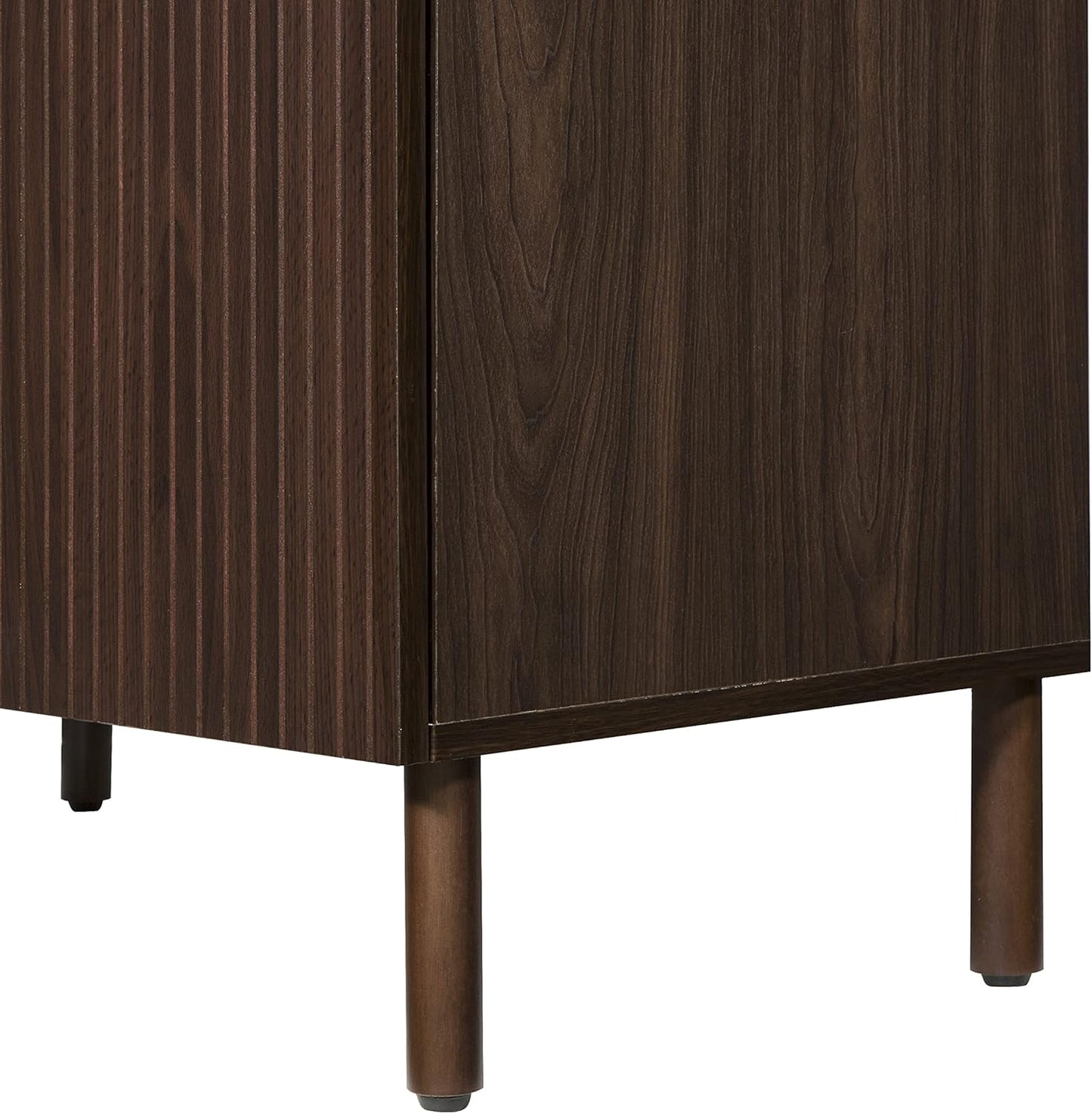 Sango Merk 2-Door Cabinet, Modern Walnut Storage Cabinet with Vertical Groove Doors, Adjustable Shelf, Cylindrical Wood Legs, Discreet Metal Finger Pulls, Stylish Furniture for Living or Dining Room