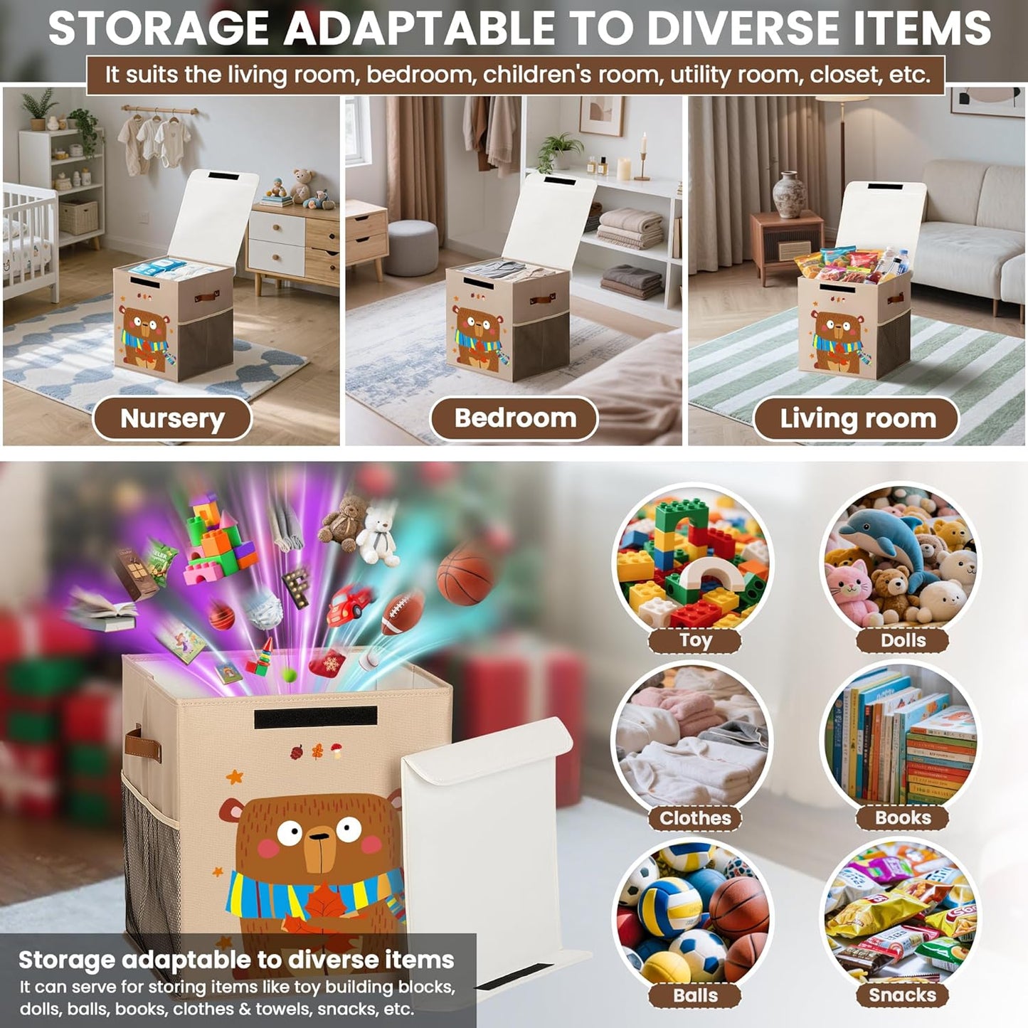 40L Large Toy Storage Box with Lid, Large Toy Box Chest for Kids, Girls and Boys, Nursery Room and Living Room, 13"x13" x16" (Dark Khaki-bear)