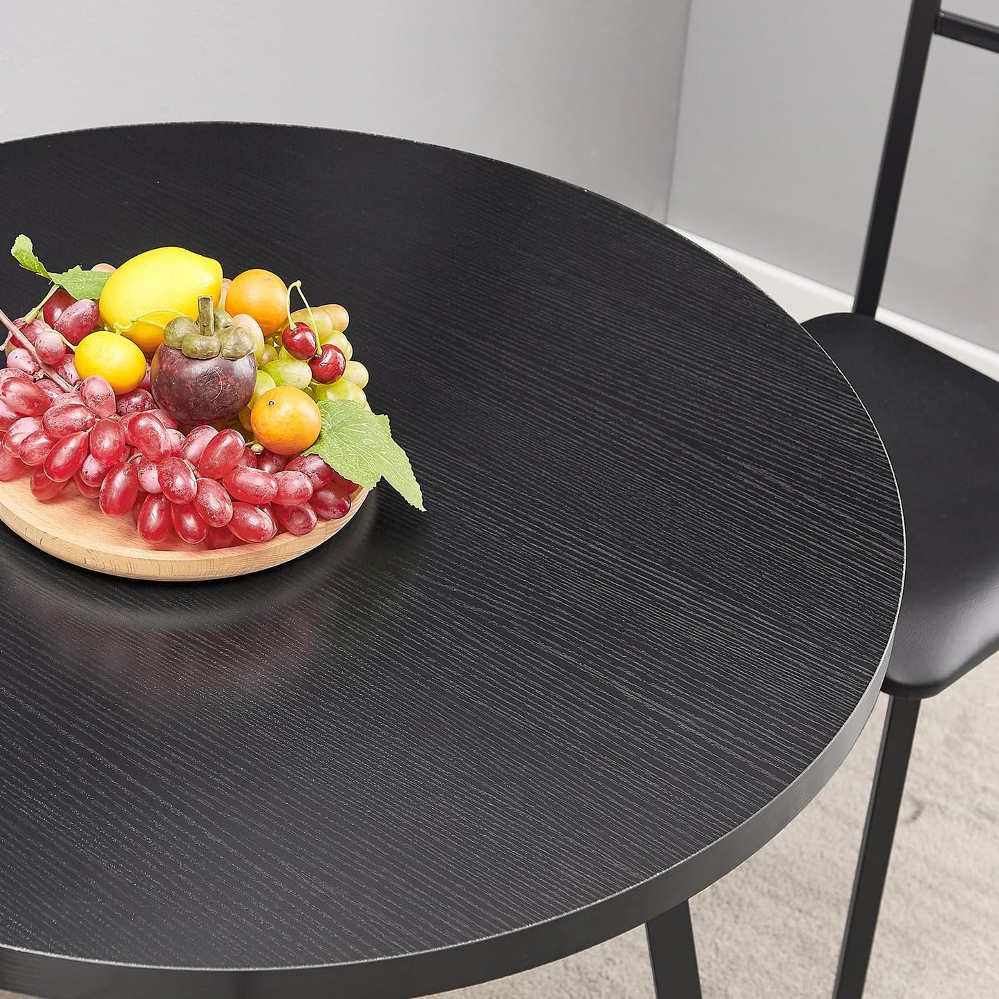 VECELO Round Dining Room Table with Wood Grain Tabletop and Steel Frame, for Kitchen, Living Room, Office, Conference, 2 to 4 Person, Black