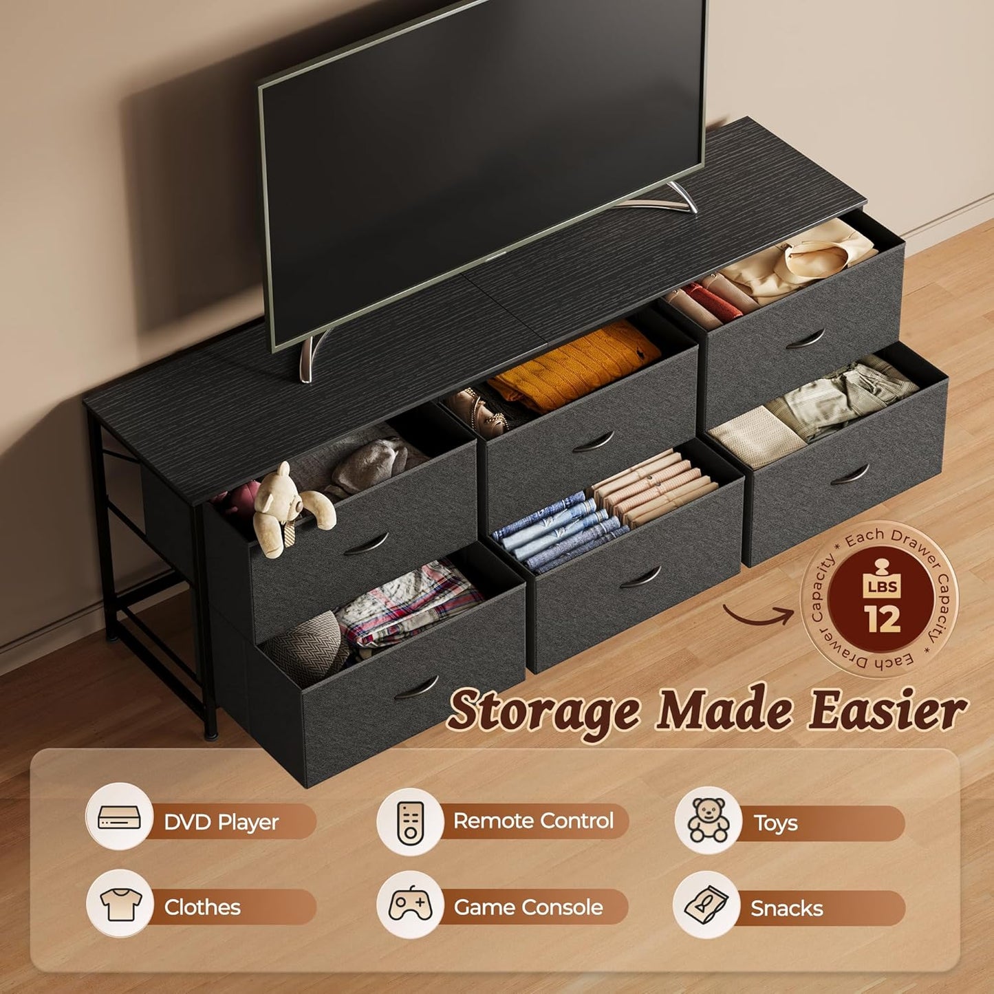 Huuger 63 Inch Long Dresser for Bedroom, Wide TV Stand for 55, 65, 70 Inch TV, 6 Drawer Dresser for Closet with Fabric Drawers, Storage Organizer for Bedroom, Entryway, Black