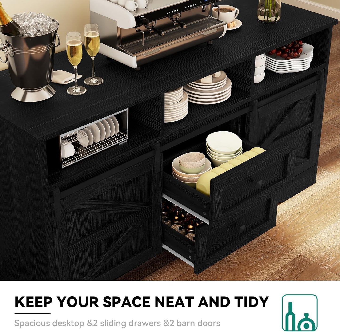 YITAHOME 59" Large Buffet Sideboard Cabinet, Farmhouse Kitchen Cabinet with 2 Sliding Doors & 2 Drawers for Kitchen, Living Room Storage (White)