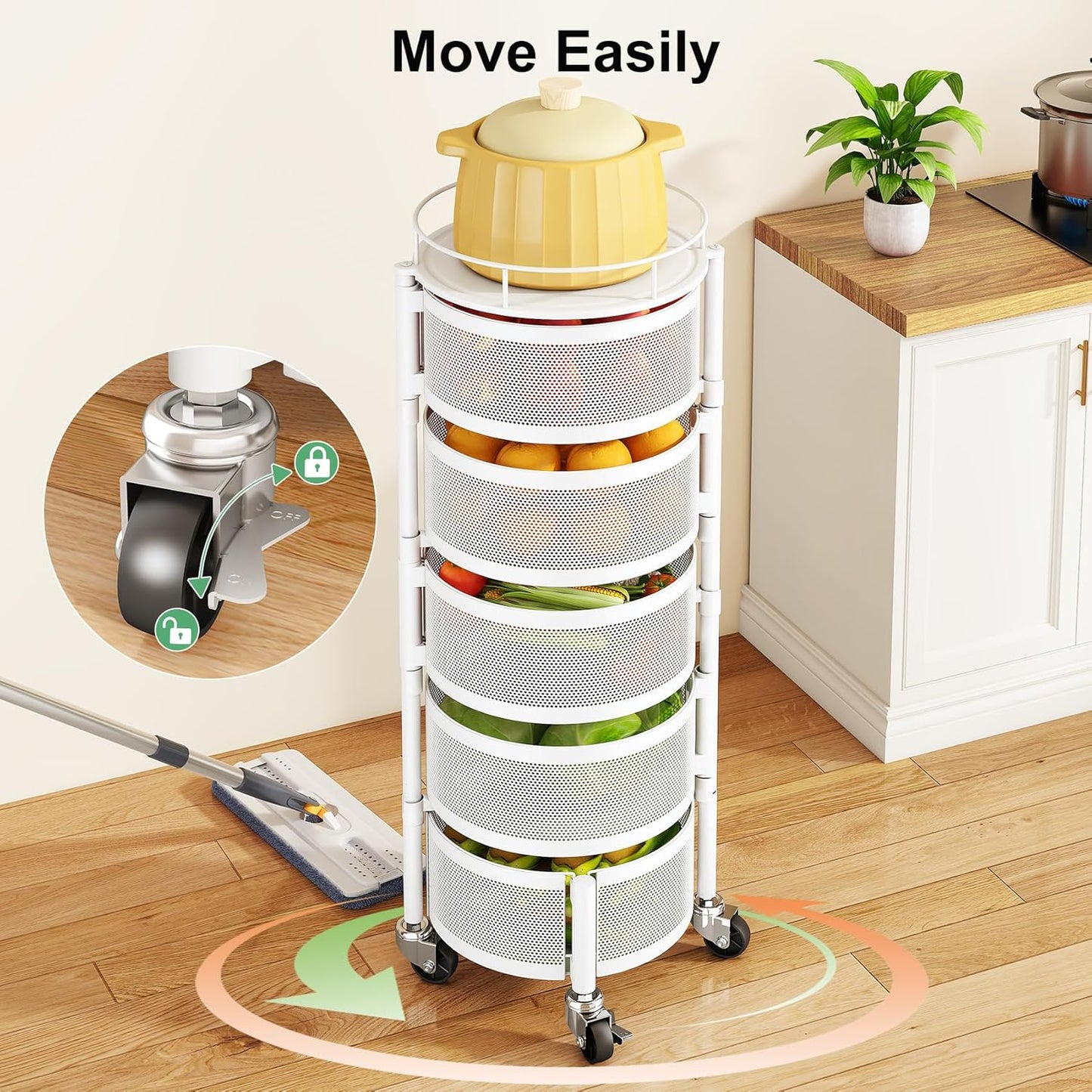 SAYZH Fruit Vegetable Basket for Kitchen, Rotating Storage Rack, 5 Tier Rolling Cart with top lid, Large Metal Wire Wheels (White)