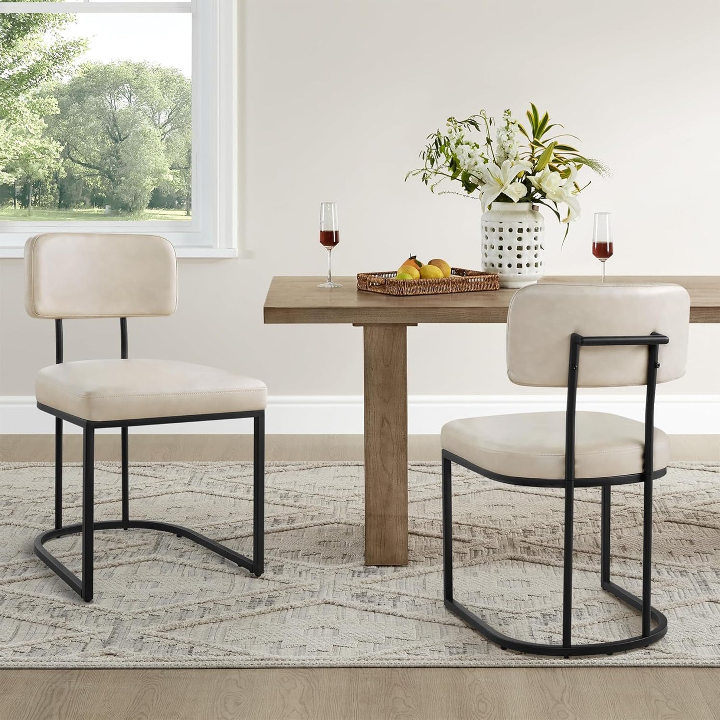 Dining Chairs Set of 4, Upholstered Modern Kitchen Chairs with Ergonomic Backrest, Faux Leather Cushion Seat & Metal Legs for Living Room, Restaurant, and Café, Beige, 2 Boxs