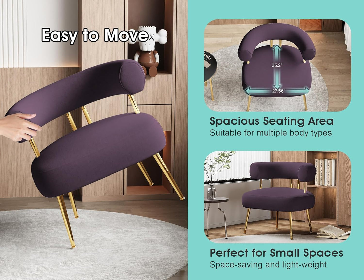 Modern Accent Chair, Round Upholstered Barrel Armchair for Small Spaces, Fluffy Side Corner Sherpa Sofa Chair for Living Room, Bedroom(Purple)