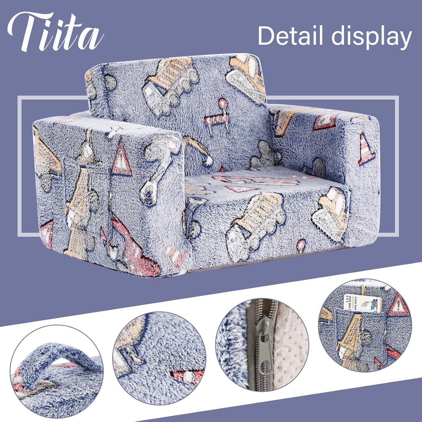 Tiita Kids Chair Couch, Folding Toddler Comfy Sofa Chairs, 2-in-1 Kids Plush Sofa Fold Out, Baby Armrest Chair to Lounger, Convertible Play Sofas to Bed for Girl or Boy, Vehicles