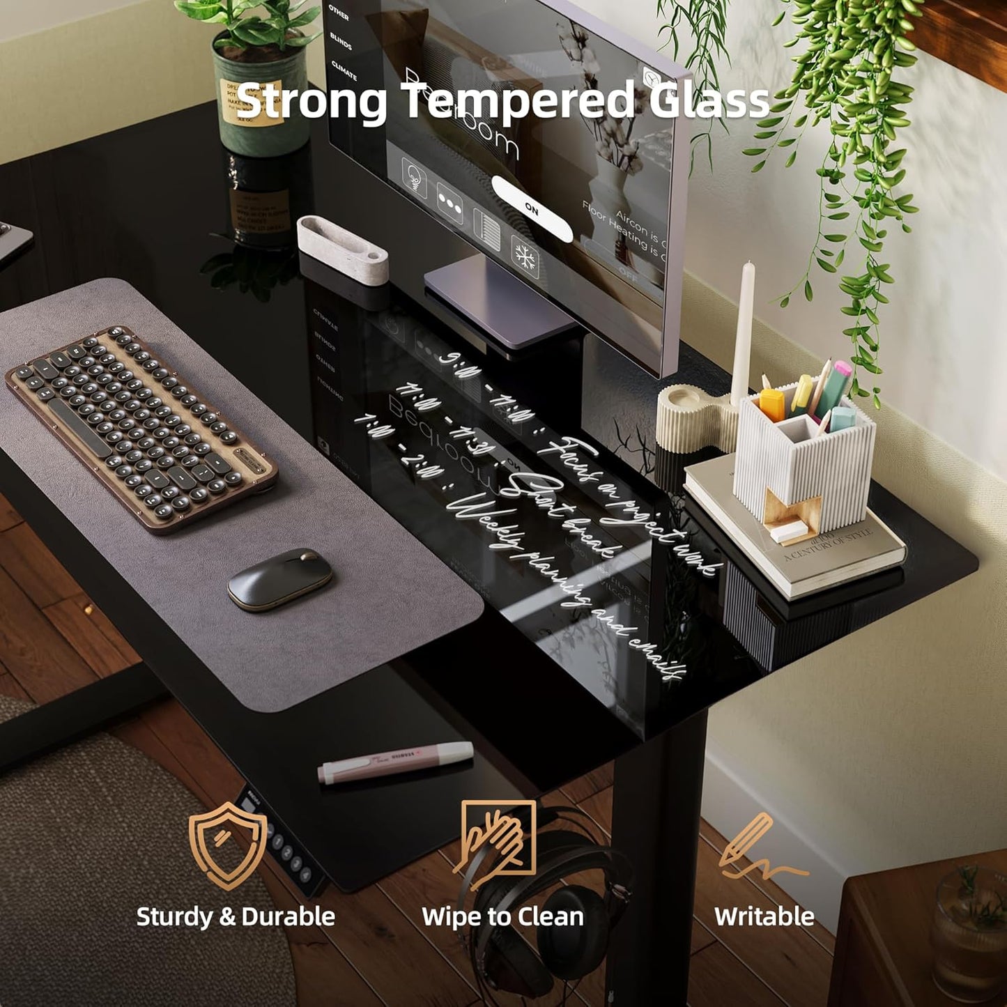 INNOVAR Glass Standing Desk with Drawers, 48×24 Inch Adjustable Stand Up Desk, Quick Install Home Office Computer Desk, Black