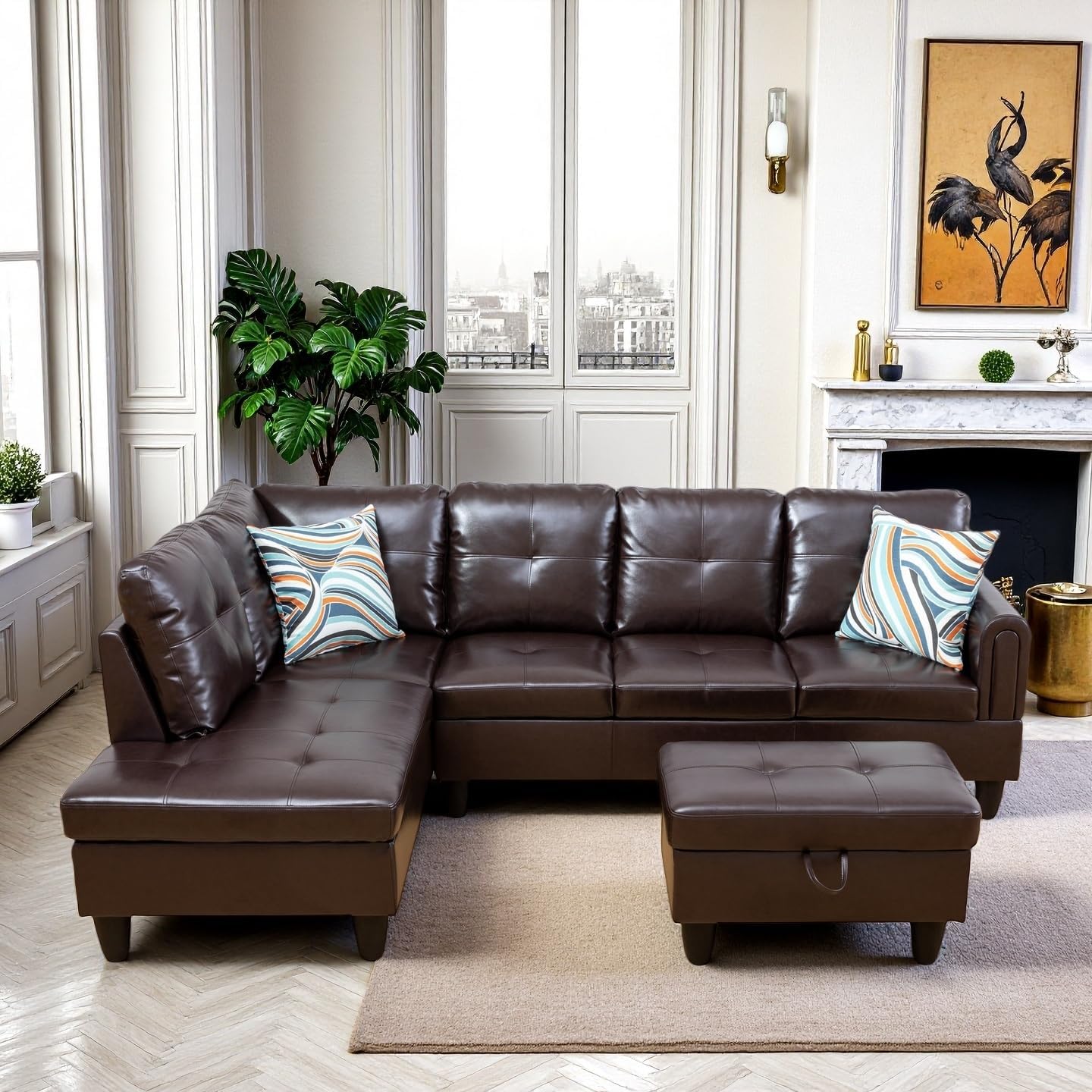 Modern Living Room Furniture Sets with Pillows, Modular Sectional Couches with Chaise Lounge, 4-Seaters L Shape Sofa with Storage Ottoman, for Living Room, Faux Leather, Brown