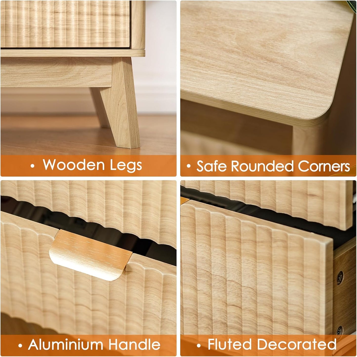 LYNCOHOME Fluted Nightstand Set of 2 with Charging Station, 19.7 inch Wide with 2 Drawers, Modern Wood Bedside Table for Bedroom, Natural