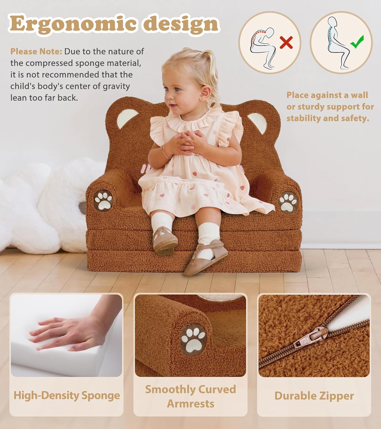 Kids Couch, 2-in-1 Soft Toddler Couch Fold Out with Blanket, Chair Comfy, Foldable Convertible Plush Sofa to Lounger, Gifts for Kids Girl Boys, Teddy Bear