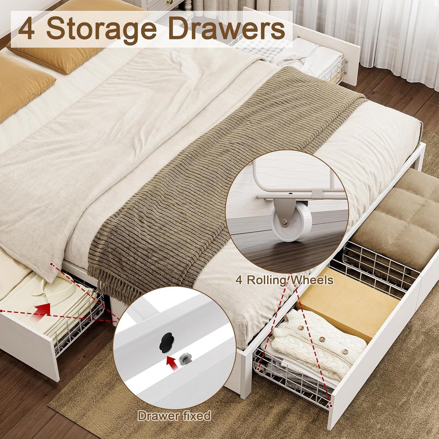 Queen Bed Frame with 4 Storage Drawers Bed Frame Queen Size with Headboard LED Lights Charging Station Metal Slats Platform Heavy-Duty Support No Box Spring Needed White