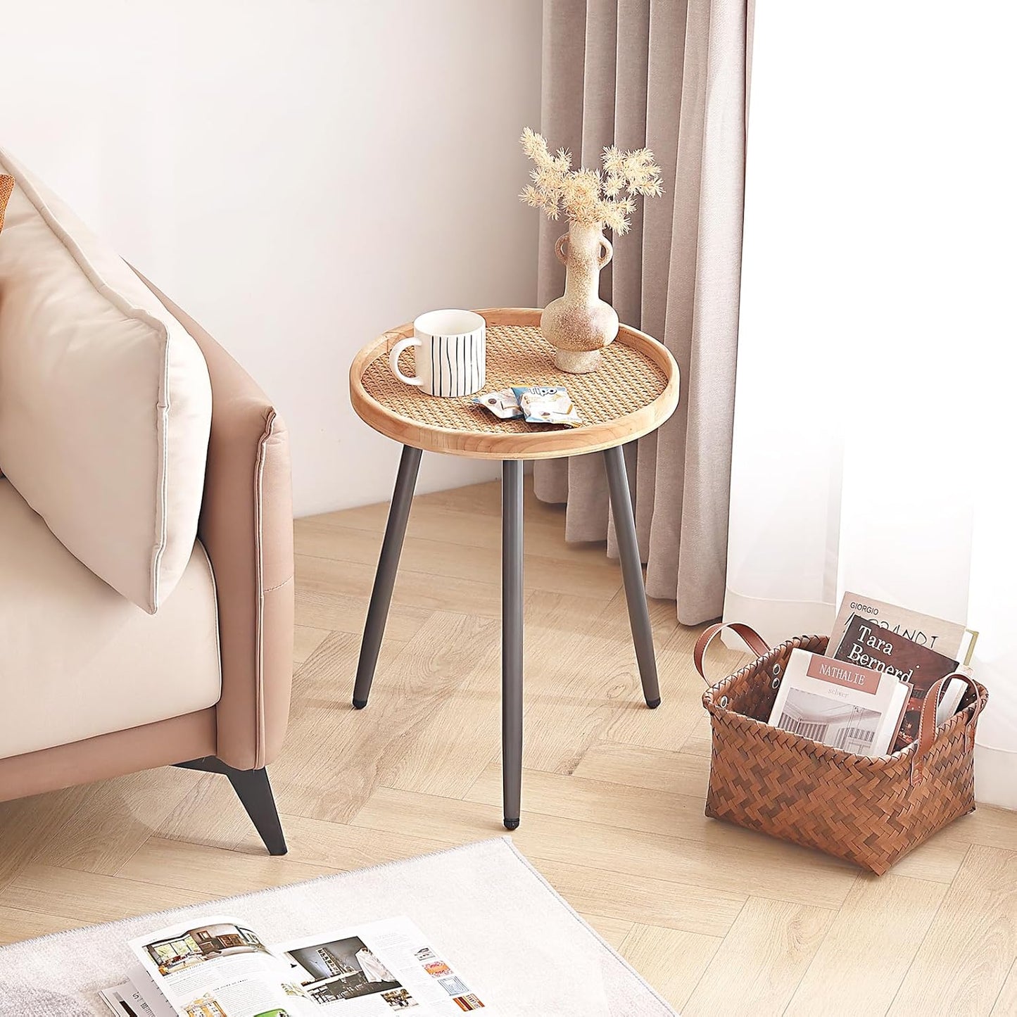 LITA Rattan Log Desktop Round Side End Table, Nightstand/Small Tables, Indoor Outdoor Wooden Tray Table with Metal Stand End Table for Living Room Bedroom Office Small Spaces