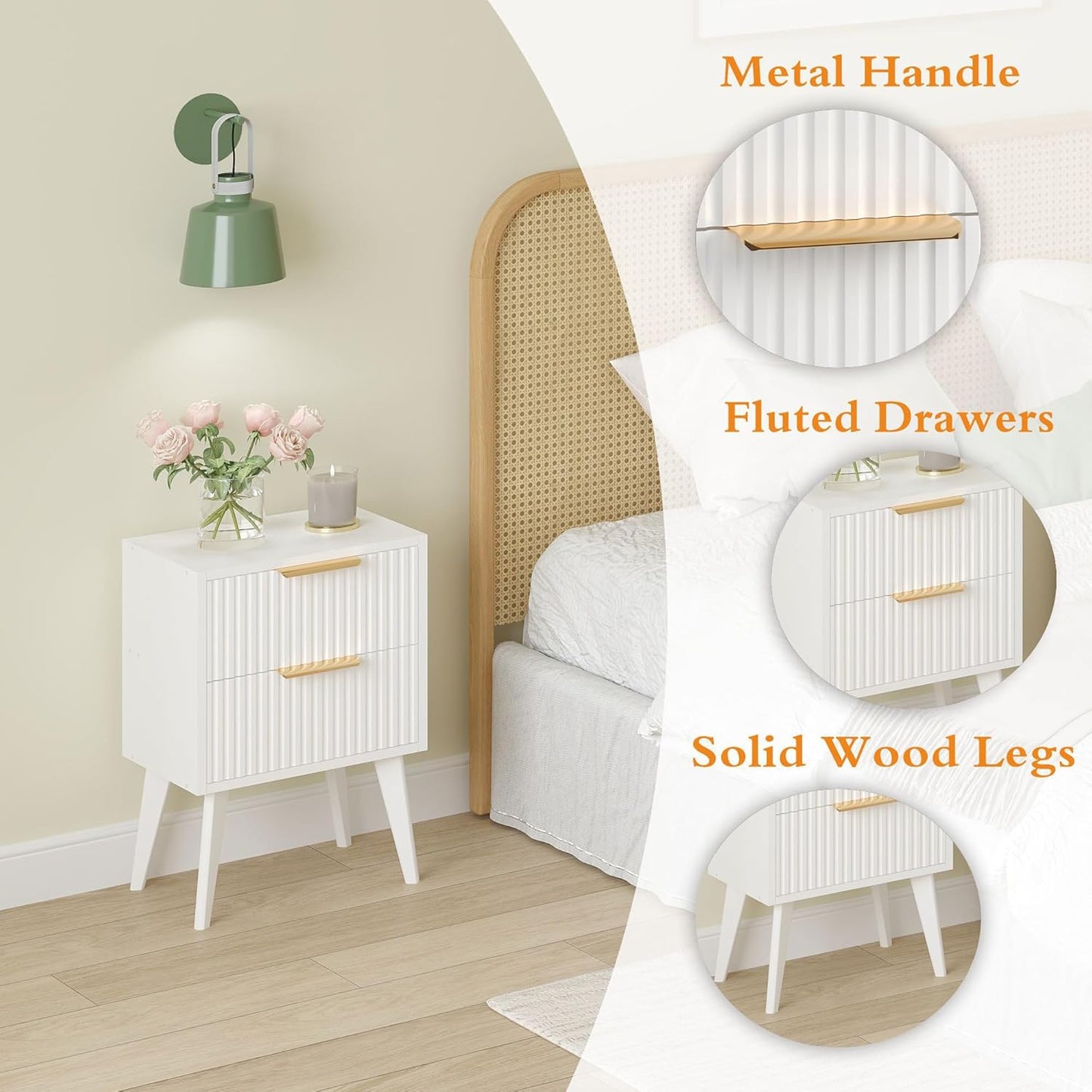 Fluted Nightstand with 2 Drawers,Modern Bedside Table with Metal Handles,White Side Table with Solid Wood Legs,Mid Century End Table for Living Room,Bedroom,White CTG55W