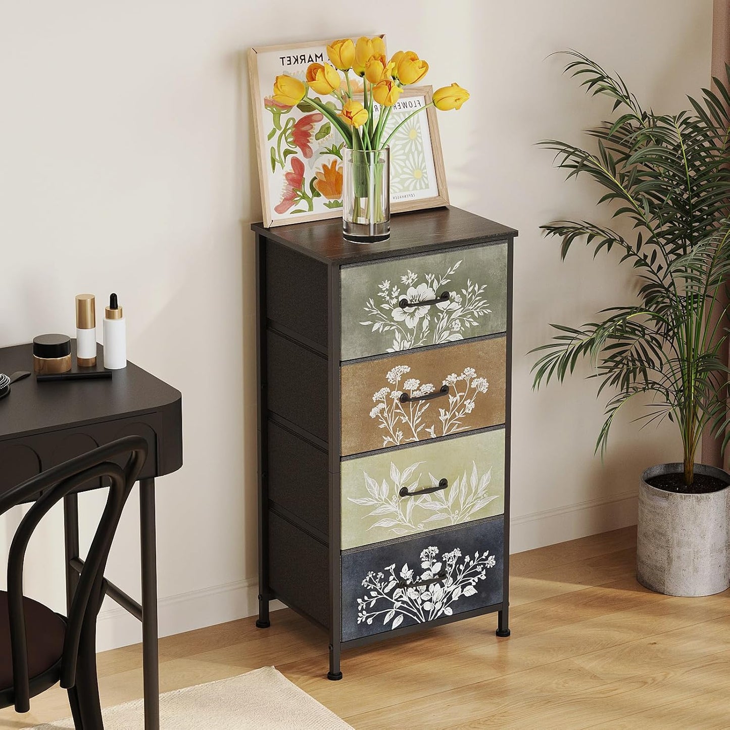 Tohomeor Vintage Dresser Vertical Nightstand with Neutral Botanical Plant Fabric Chest Drawers for Closet Bathroom Storage Tower Unit Bed Side Organizer Farmhouse Rustic (Multi, 4 Drawers)
