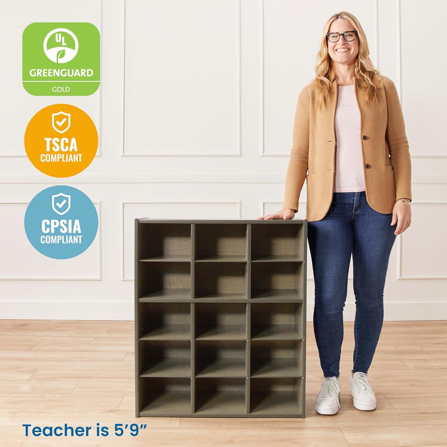 ECR4Kids Streamline 15 Cubby Tray Storage Cabinet, 5x3, Classroom Furniture, Grey Wash