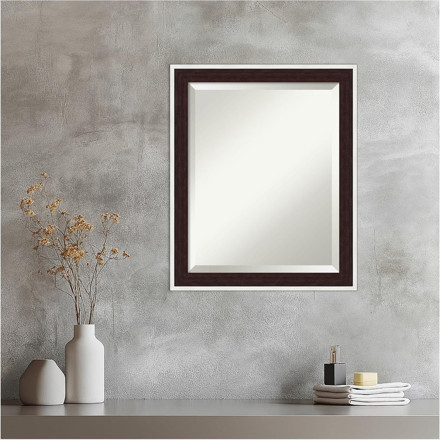 Amanti Art Wall Mirror 23x19 Maya Espresso Silver Rectangle Bathroom Mirror for Wall Decor Living Room, Small Modern Contemporary Frame, Hangs Horizonally and Vertically, Bathroom Decor, Beveled Edge