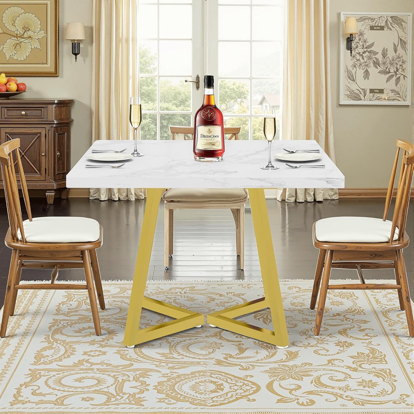 NicBex 31.5 Inch Square Dining Table for 4, Wooden Small Dinner Table Farmhouse Kitchen Tables with Metal Leg for Dining Room, Kitchen, Living Room, White & Gold