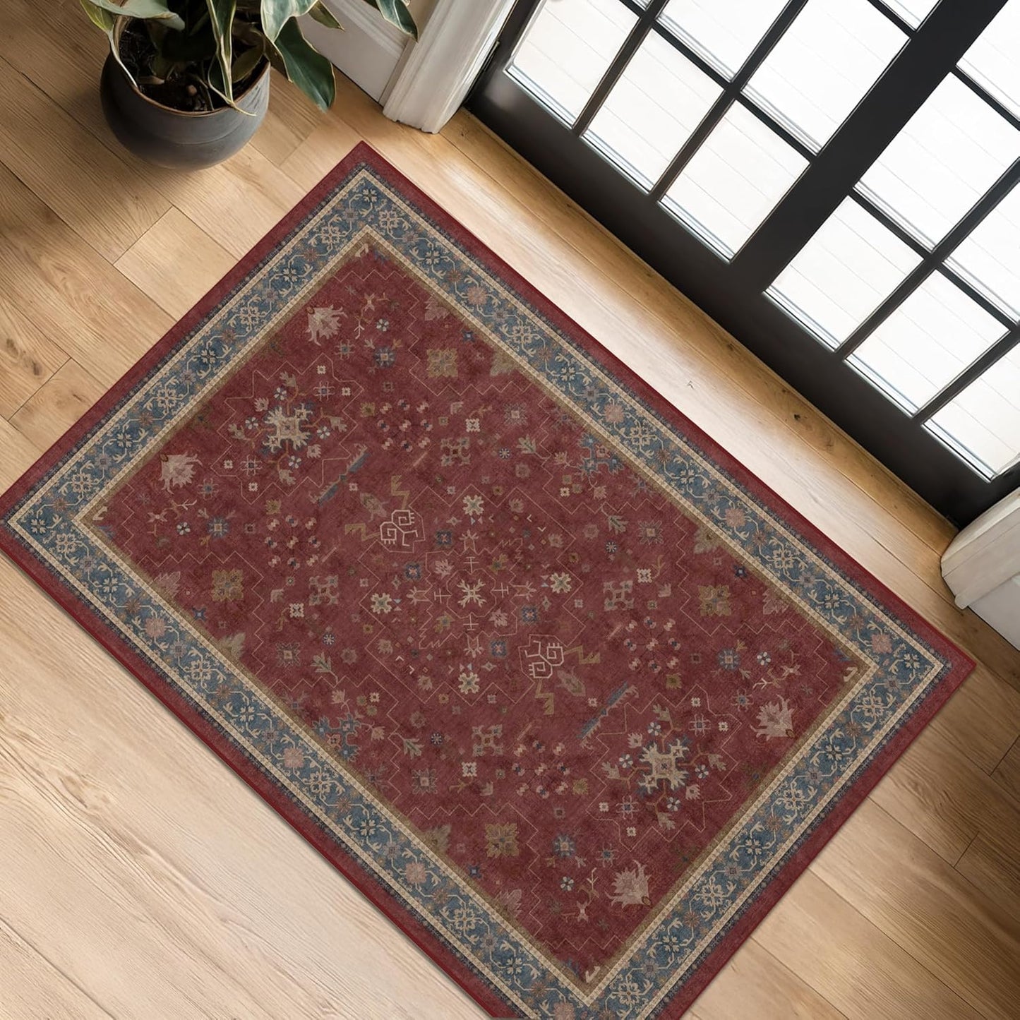 Burgundy 2x3 Washable Rugs for Entryway Indoor, Boho Kitchen Rug for Floor, Bathroom, Doormat Indoor Entrance, Waterproof Non Slip Low Pile Stain & Fade Resistant, Modern Eclectic Floral Decor