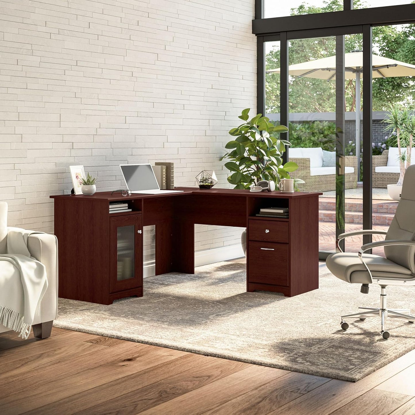 Bush Furniture Cabot L Shaped Computer Desk in Harvest Cherry | Corner Table with Drawers for Home Office
