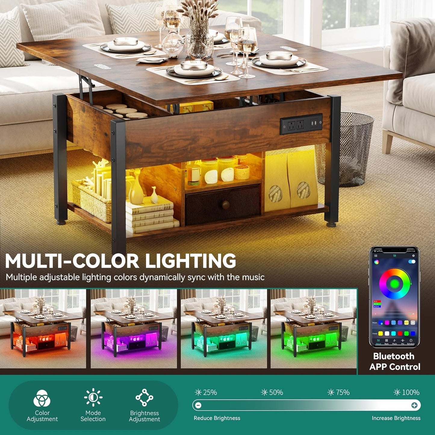 YITAHOME 4-in-1 Lift Top Coffee Table with RGB Light & Dual Tops, Multi-Function Table with Power Outlets, Storage, Converts to Dining Table Computer Desk Gaming Hub, Living Room, Home Office, Brown