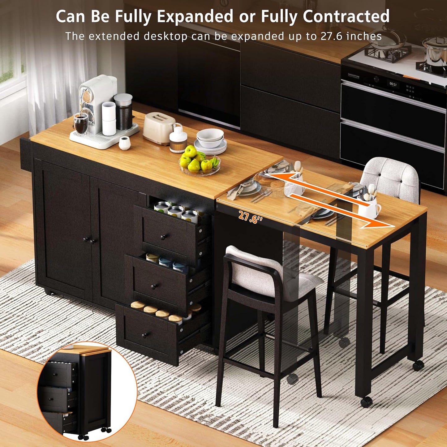 Ball & Cast 74.8" Kitchen Island with Extendable Dining Table,Kitchen Storage Cart W/Power Outlet and 3 Drawers,Rolling Kitchen Island on Wheels W/Spice Rack & 2 Door Cabinet,for Kitchen,Black