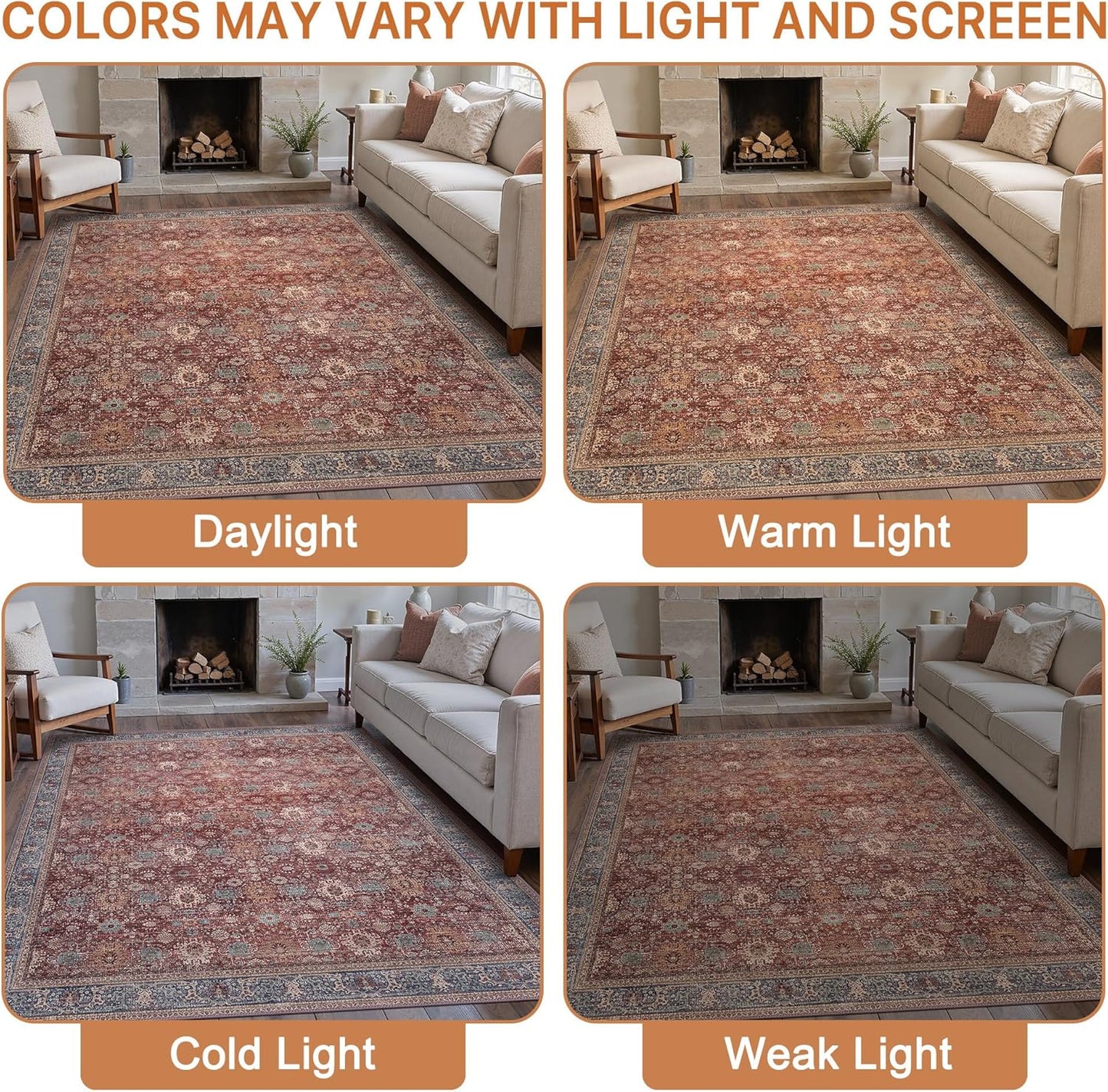 8X10 Area Rugs Machine Washable Rugs for Living Room, Vintage Boho Large Rugs for Bedroom Dining Room, Non Slip Indoor Soft Distressed Lightweight Thin Low Pile Carpet, Red Brown